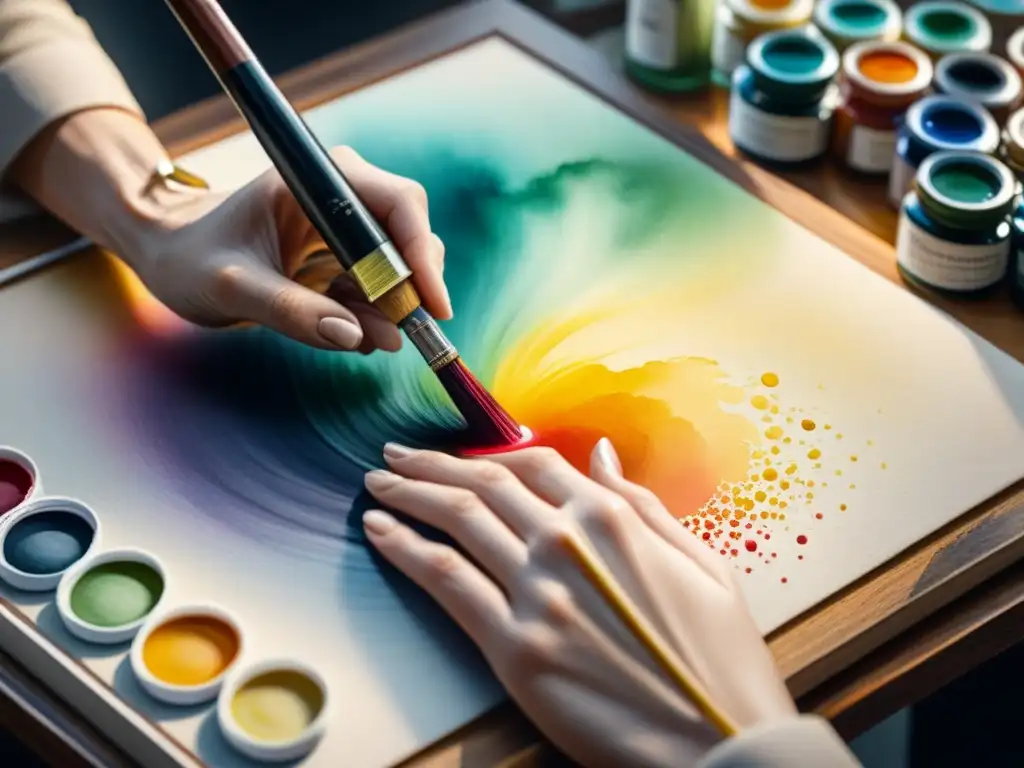 Proceso de creación de pintura al óleo: mano de artista aplicando colores vibrantes con delicadeza en lienzo en estudio profesional