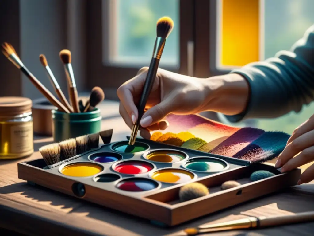 Proceso de creación de pintura al óleo: Artista mezclando meticulosamente colores en paleta, con pinceles organizados y luz cálida