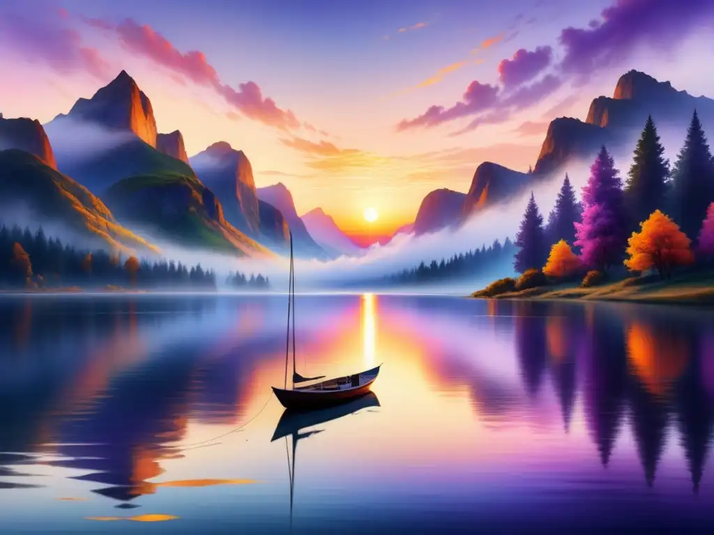 Proceso creación pintura óleo: Pintura al óleo de un sereno atardecer sobre un lago tranquilo, con reflejos coloridos en el agua