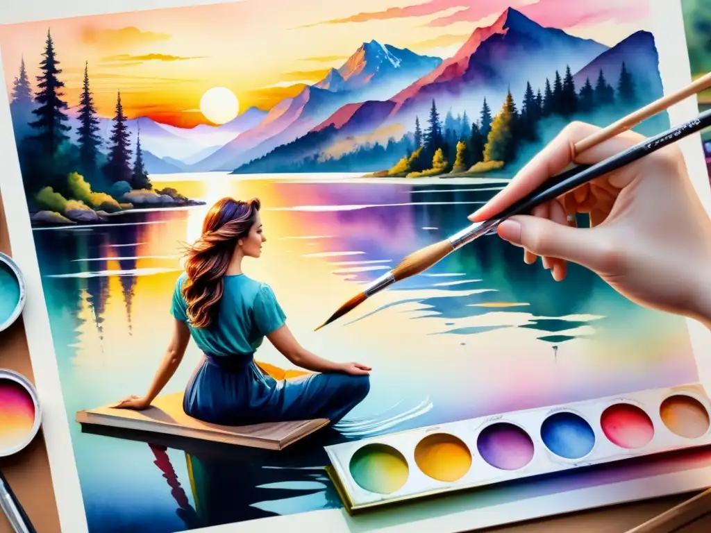 Proceso creativo: artista visual mezclando acuarelas, creando un atardecer cautivante sobre un lago tranquilo