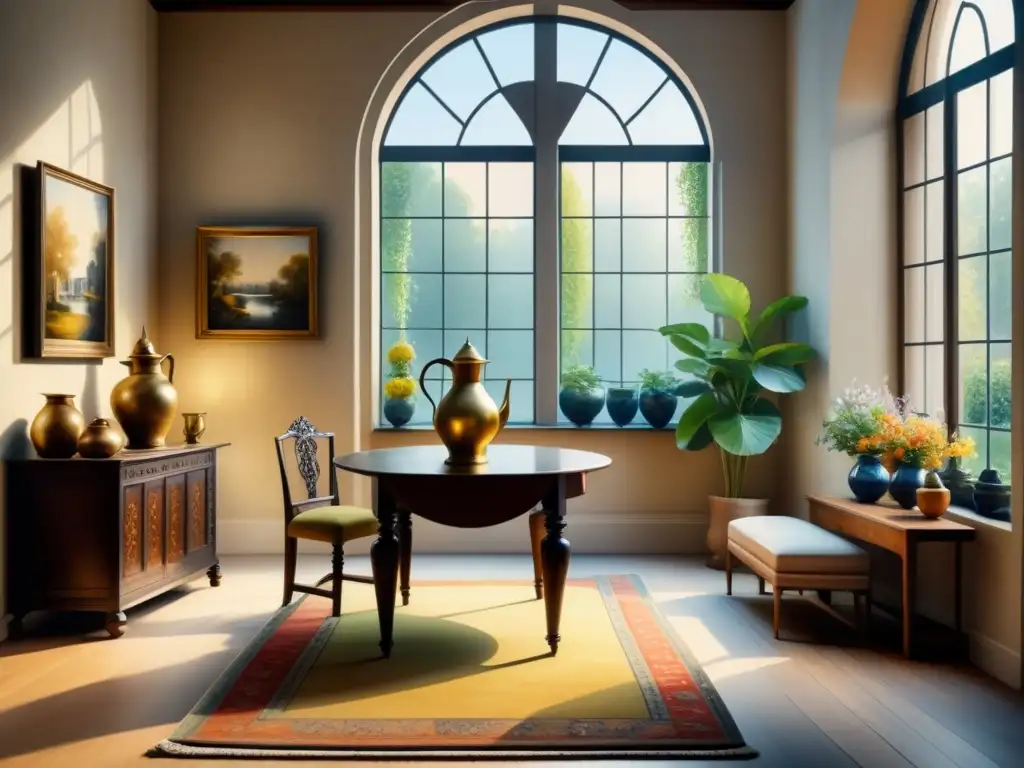 Crear profundidad con pocos colores: pintura detallada en acuarela de un interior sereno inspirado en Vermeer, con luz suave y misterio