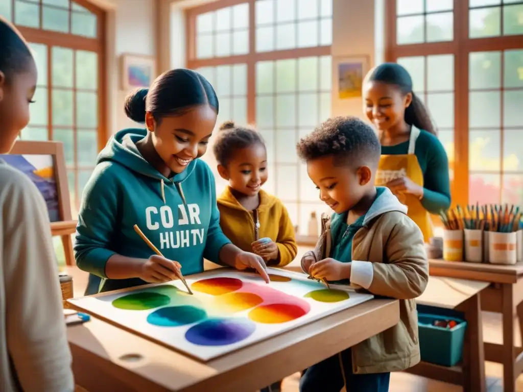 Un programa de arte comunitario donde niños de diferentes orígenes pintan juntos con alegría y creatividad