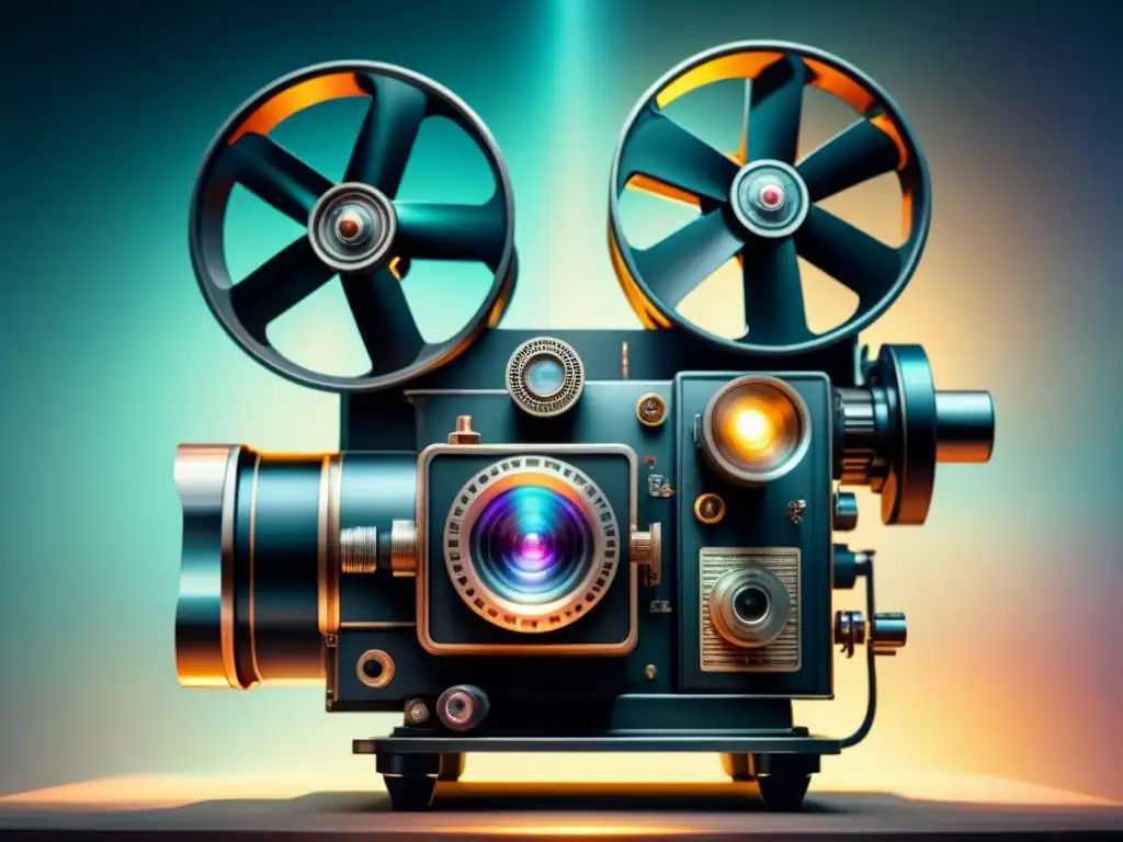 Un proyector de cine vintage se transforma en uno holográfico futurista, simbolizando la evolución de efectos visuales en animación