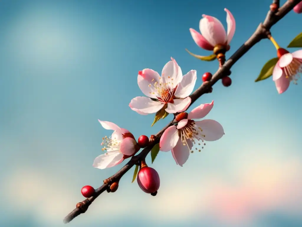 Una rama de cerezo con flores rosadas en acuarela, un reflejo del minimalismo en el arte visual