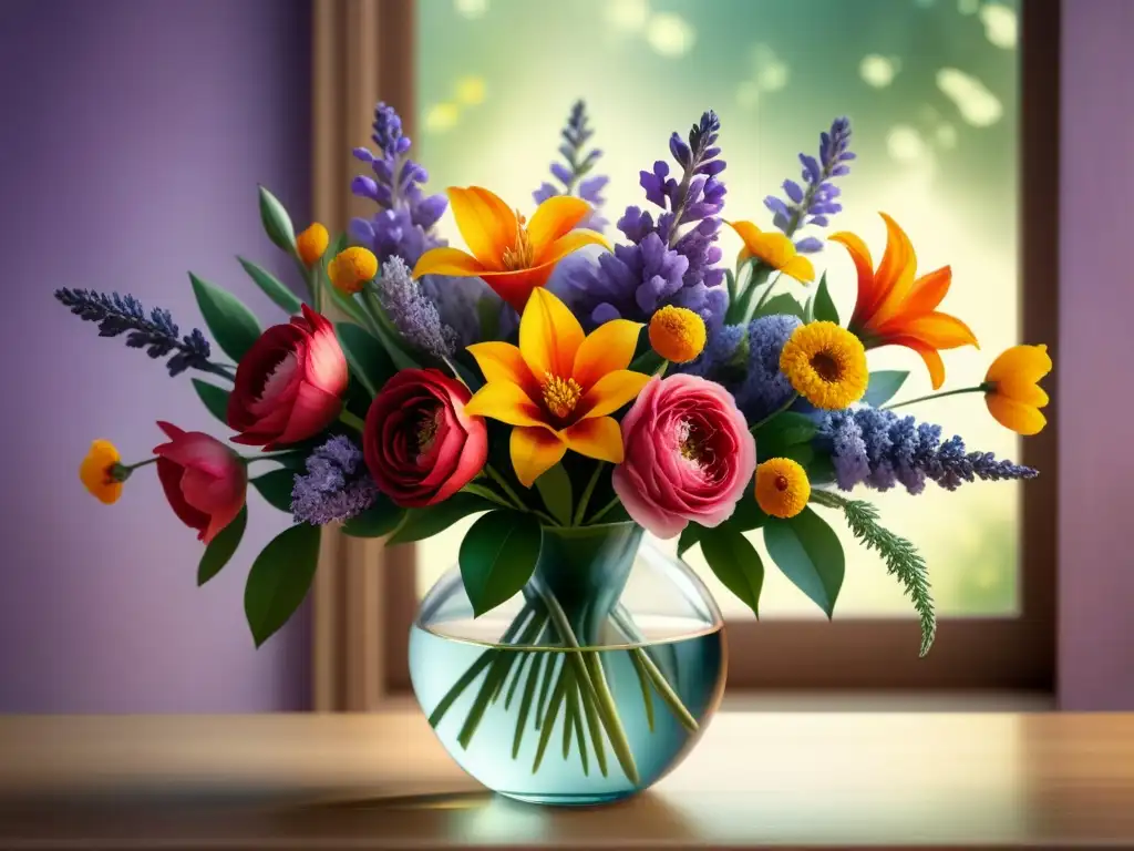 Un ramo vibrante de flores en acuarela, detalle meticuloso y colores ricos