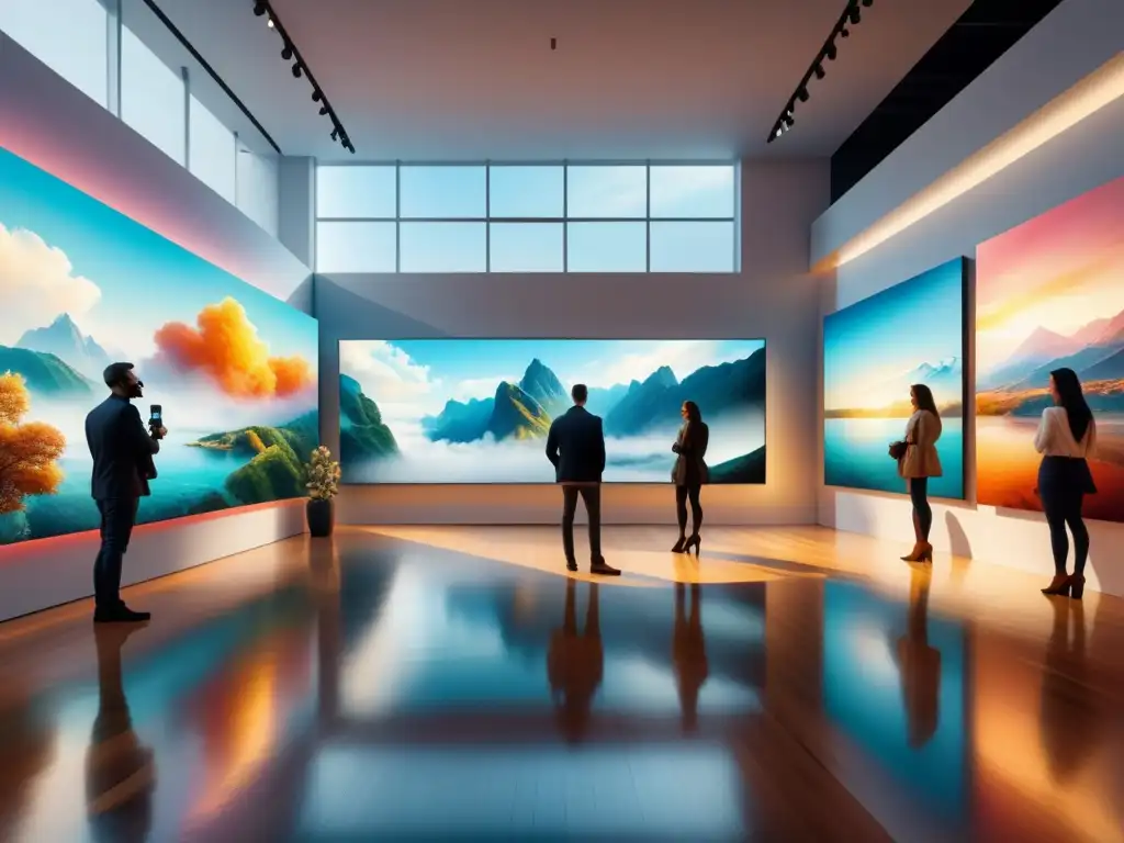 Realidad aumentada en arte visual: Galería futurista con obras interactivas y murales digitales en ambiente luminoso y minimalista