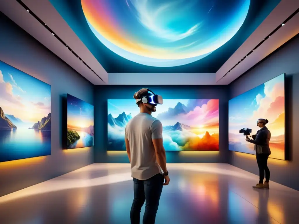 Realidad virtual en galerías de arte: Visitantes asombrados exploran instalaciones digitales en un futurista museo de arte