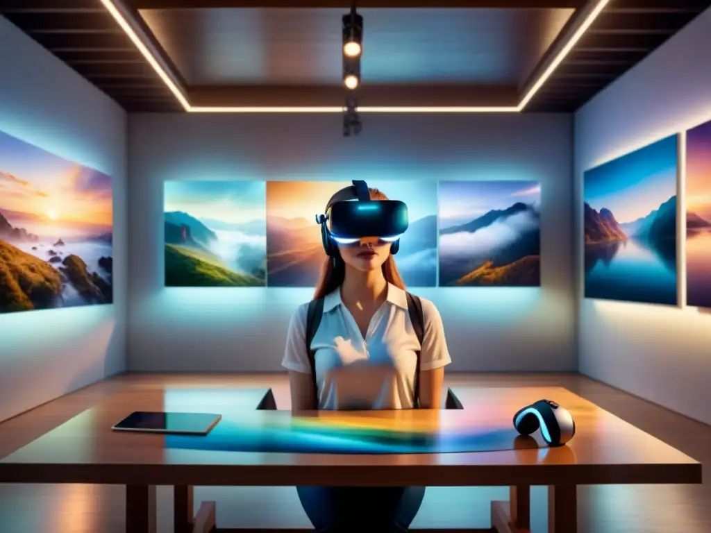 Realidad virtual en exposiciones artísticas: Detallada acuarela de galería virtual con obras digitales coloridas y detalladas en las paredes