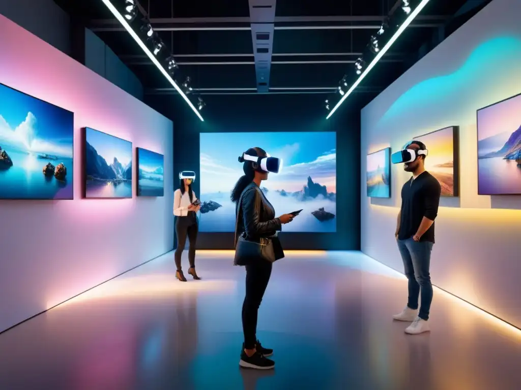 Descubre la realidad virtual en exposiciones artísticas con vibrantes instalaciones digitales en una galería futurista