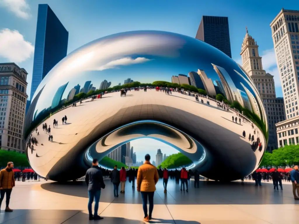 Reflejo urbano en acuarela del icónico Cloud Gate en Chicago