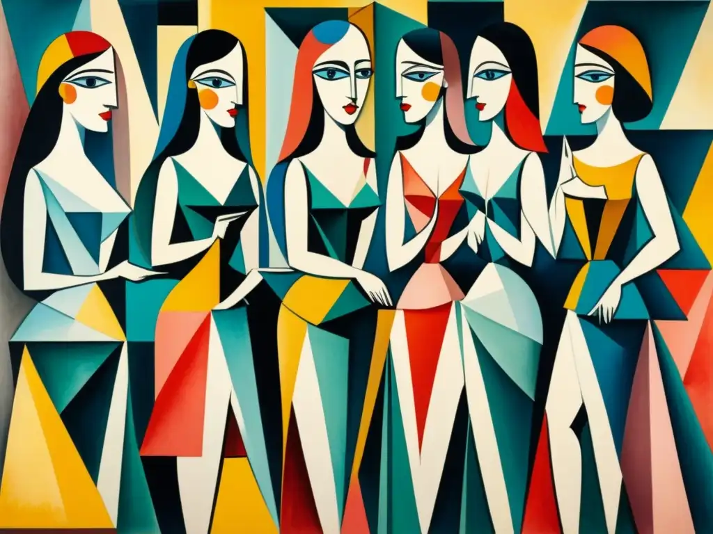 Una reinterpretación detallada en acuarela del icónico cuadro cubista 'Les Demoiselles d'Avignon' de Picasso, mostrando la revolución del cubismo