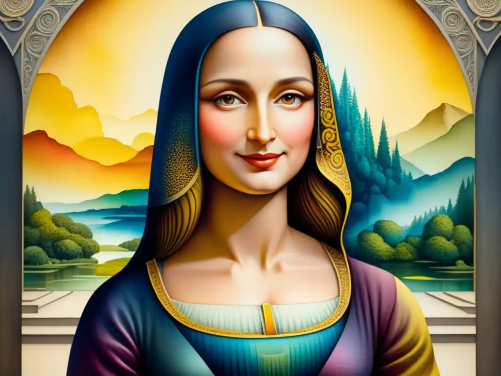 Una reinterpretación moderna de la 'Mona Lisa' de Leonardo da Vinci en témpera, fusionando lo clásico con lo contemporáneo