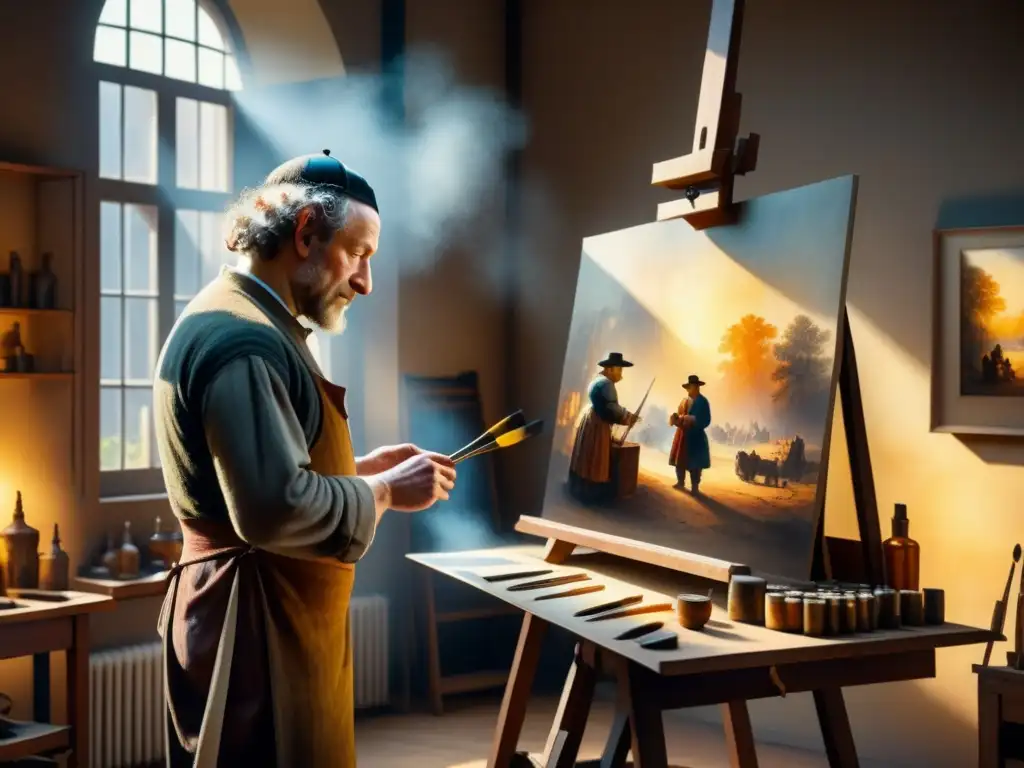 Rembrandt maestro luz sombra historia: Detalle acuarela del artista en su estudio, bañado por luz cálida, en foco intenso creando arte