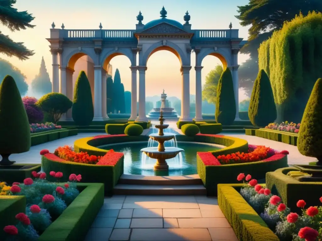 Pintura acuarela detallada de jardín renacentista al atardecer Un jardín renacentista sereno al atardecer, con caminos de piedra, flores vibrantes y una fuente iluminada por el sol