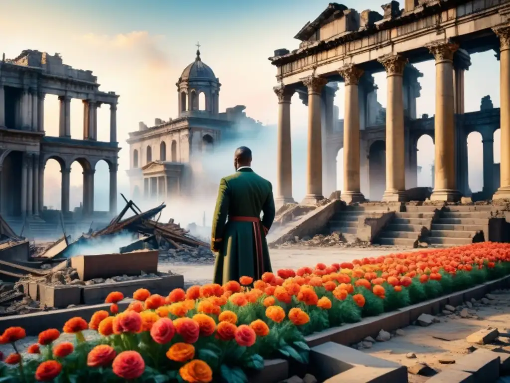 Renacimiento artístico post guerras: Ciudad renace entre ruinas, flores y restauración, irradiando esperanza