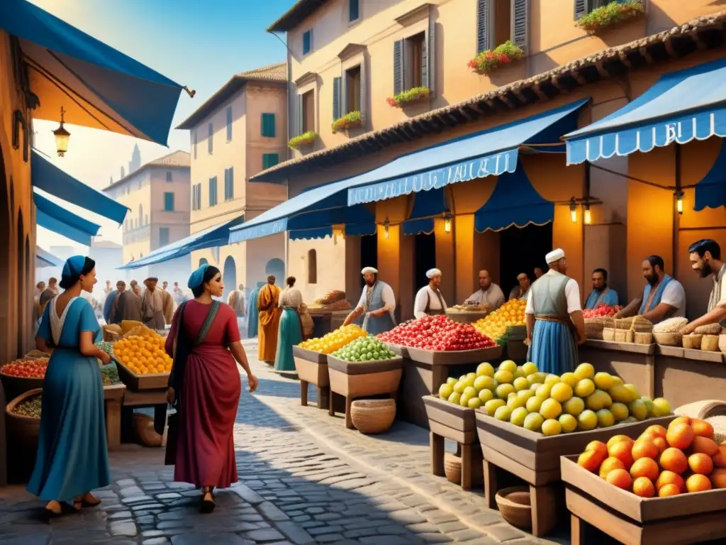 Una representación detallada del bullicioso mercado romano, con vendedores y arquitectura majestuosa