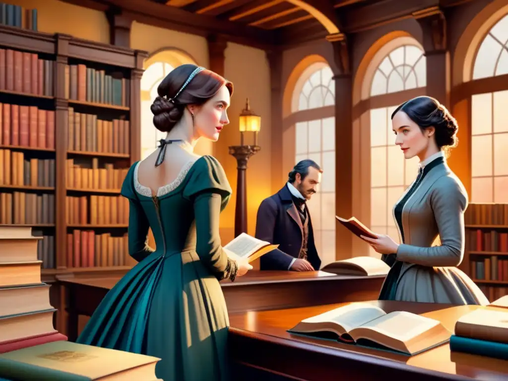 Representaciones artísticas personajes literarios reunidos en mesa de biblioteca, detallados en acuarela