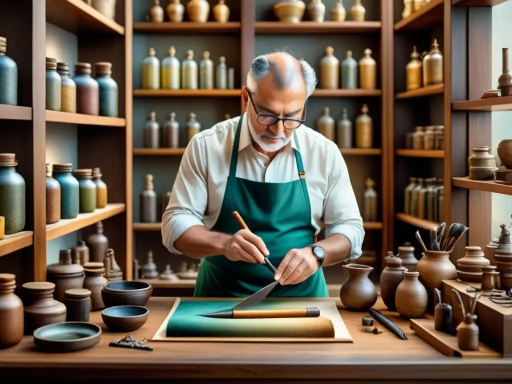 Restauración de arte: artista restaurando antigua obra maestra rodeado de herramientas y colores vibrantes