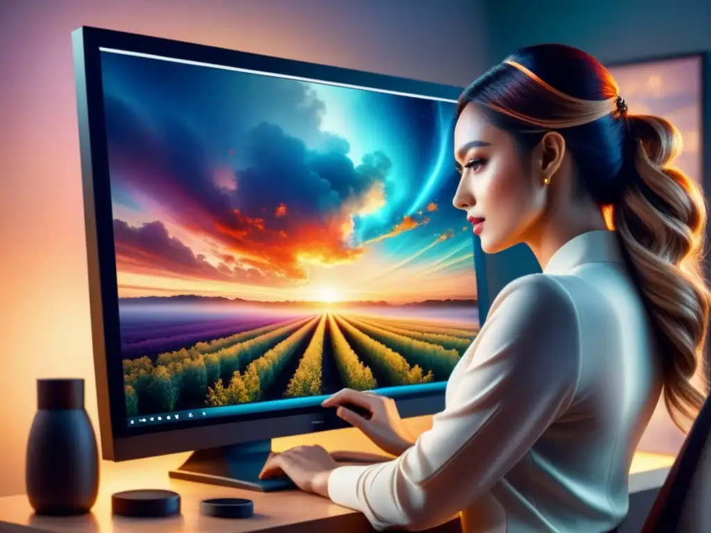 Restauración de Arte Digital Moderno: Artista restaurando con precisión una obra de arte digital en un monitor táctil, entre un suave resplandor