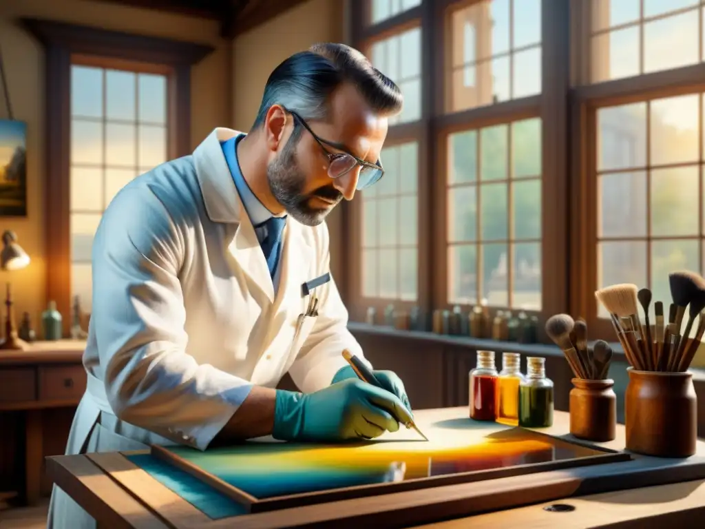 Restaurador de arte en estudio soleado, aplicando meticulosas técnicas de restauración a una pintura centenaria