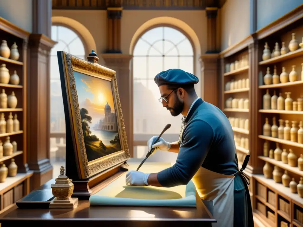 Restaurador de arte meticuloso en sala de restauración de museo, trabajando en detalles de antigua pintura bajo luz dorada