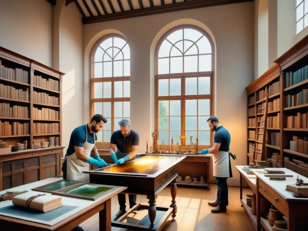 Restauradores de arte trabajan con cuidado en estudio soleado, revelando historia visual