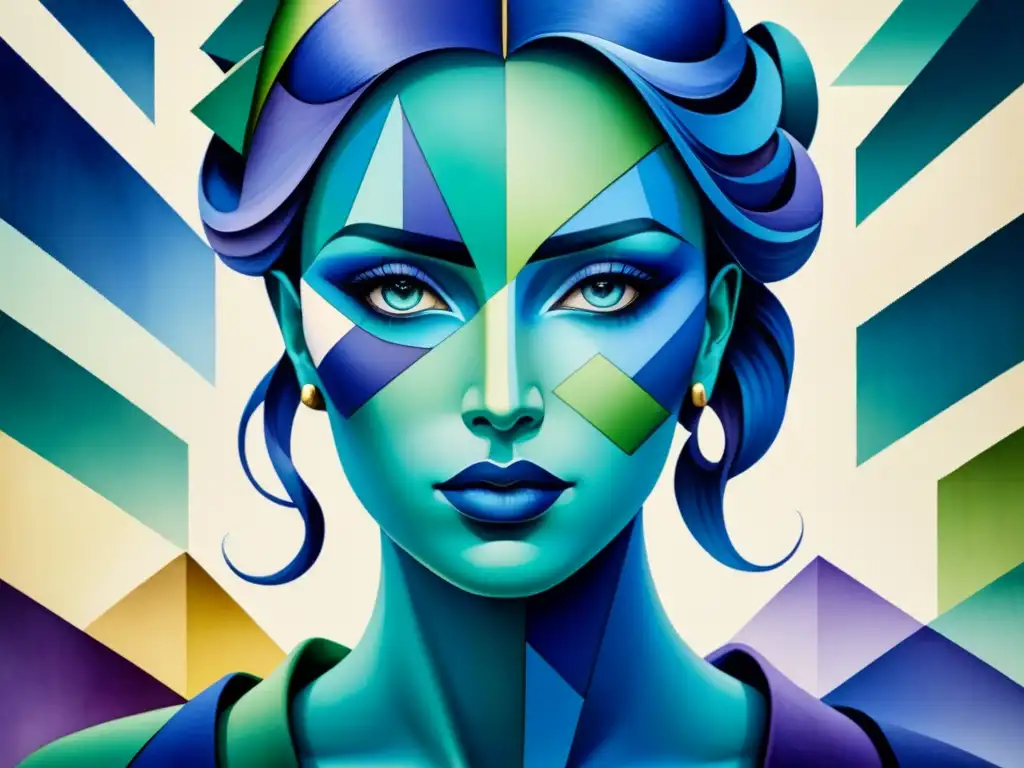 Retrato abstracto en acuarela, reflejando el cubismo con formas geométricas y tonos azules, verdes y morados