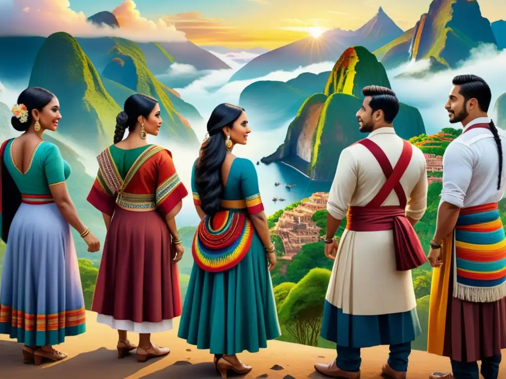 Un retrato acuarela detallado de una diversa y vibrante exploración artística de figuras humanas de América Latina, unidas por la diversidad cultural