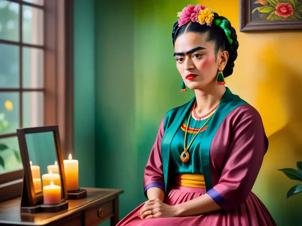 Retrato acuarela detallado de Frida Kahlo reflejando sus emociones en el espejo