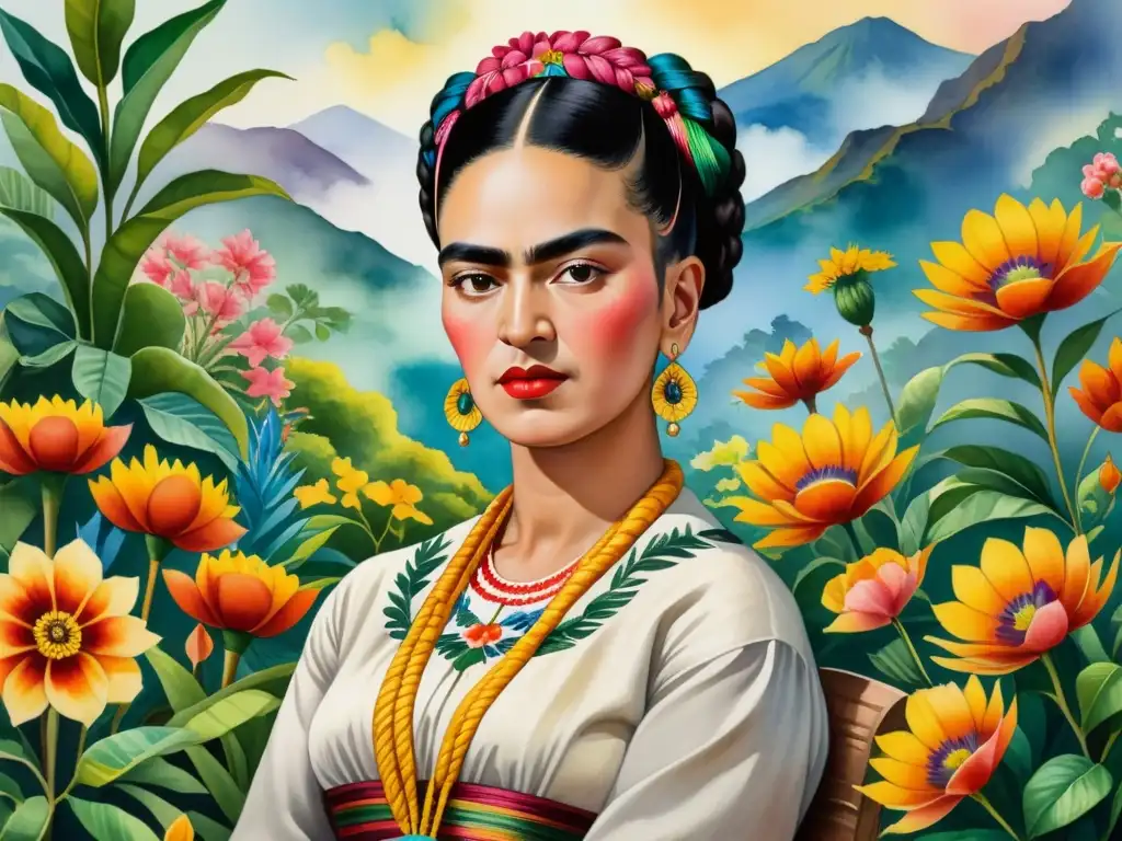 Retrato en acuarela detallado de Frida Kahlo en un jardín exuberante con flores vibrantes