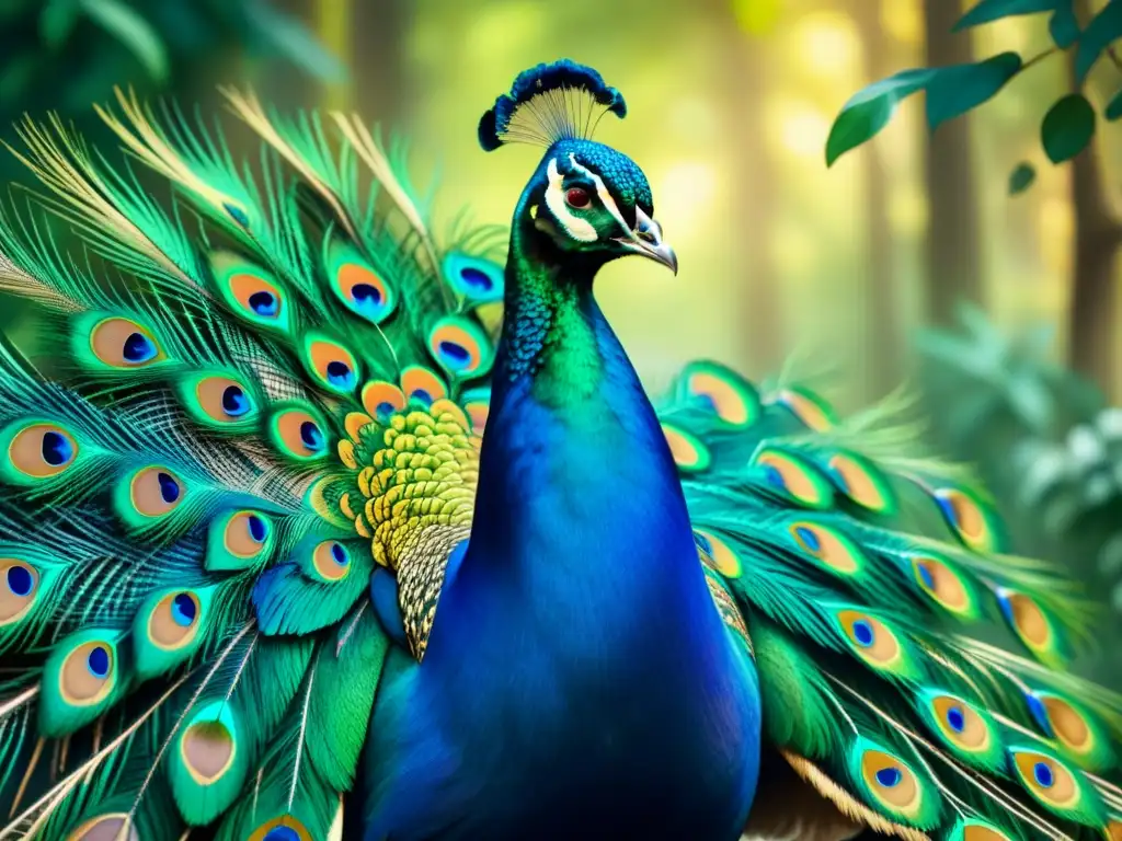 Retrato acuarela detallado de un majestuoso pavo real con plumaje vibrante, resaltando cada pluma en tonos de azul, verde y dorado