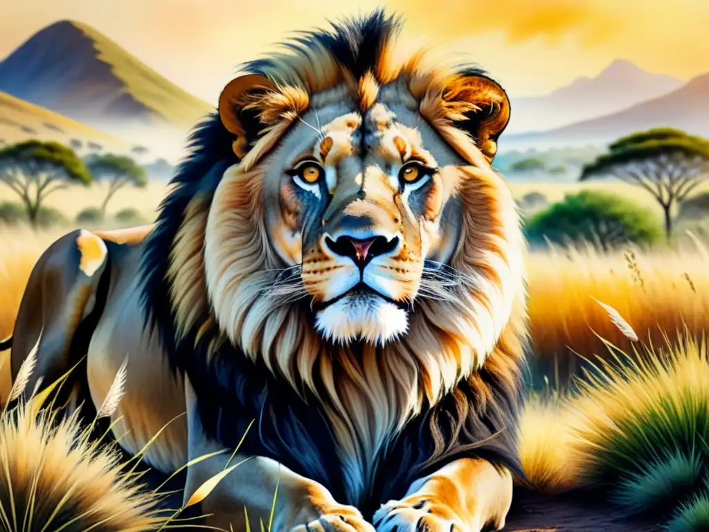 Retrato acuarela detallado de un majestuoso león con ojos dorados, melena fluida y fondo de sabana africana vibrante