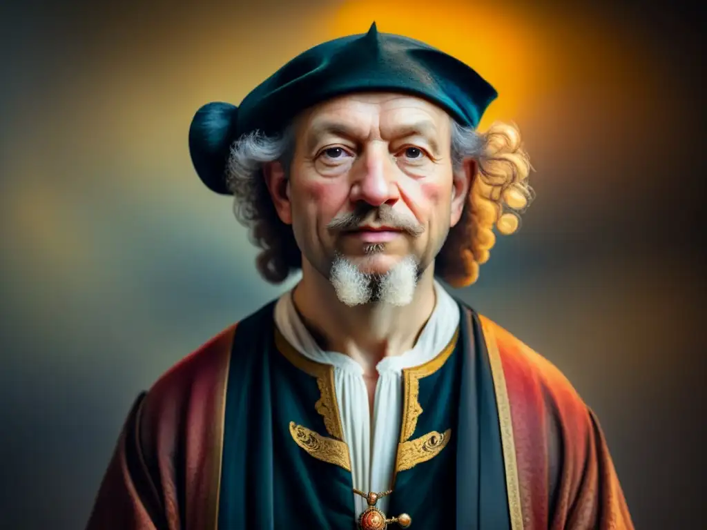 Un retrato acuarela detallado de Rembrandt, con pinceladas intrincadas y colores vibrantes que capturan la esencia del maestro