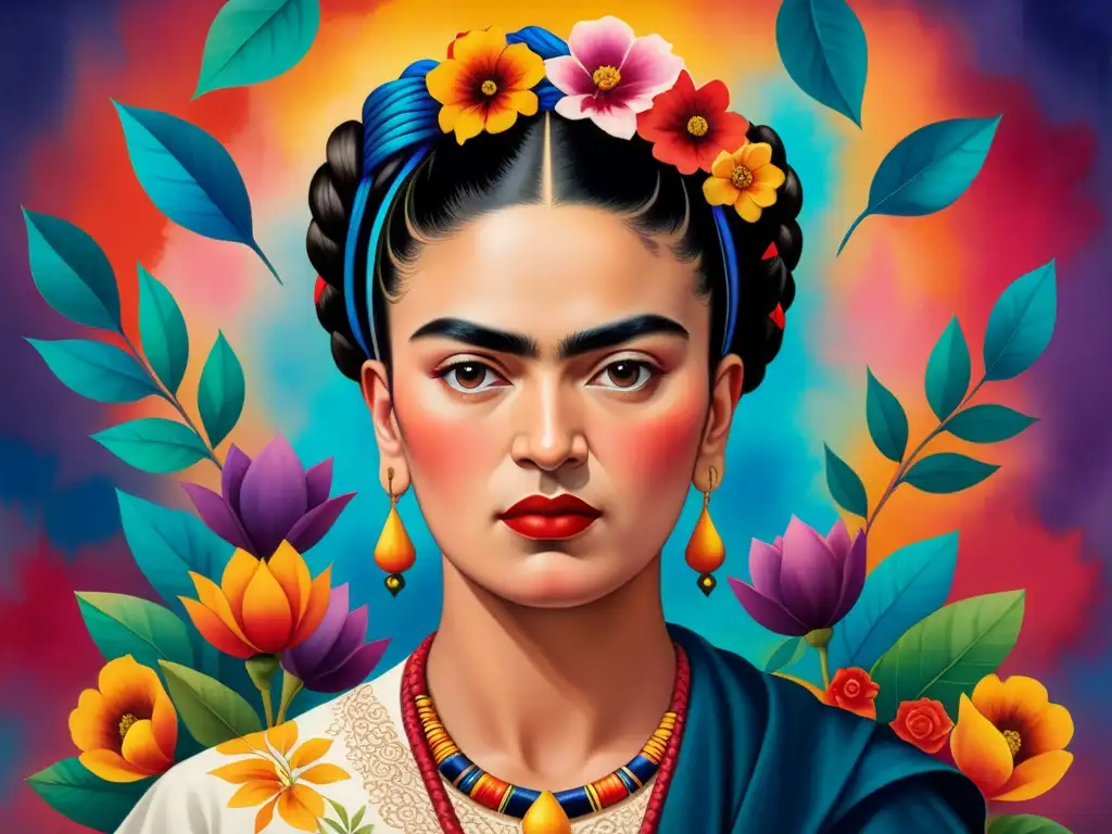 Retrato acuarela detallado de Frida Kahlo rodeada de colores vibrantes que representan emociones