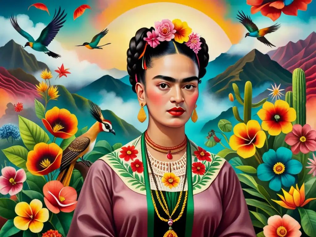 Retrato acuarela detallado de Frida Kahlo en vestido Tehuana rodeada de elementos vibrantes y surrealistas, expresando misterio y poder