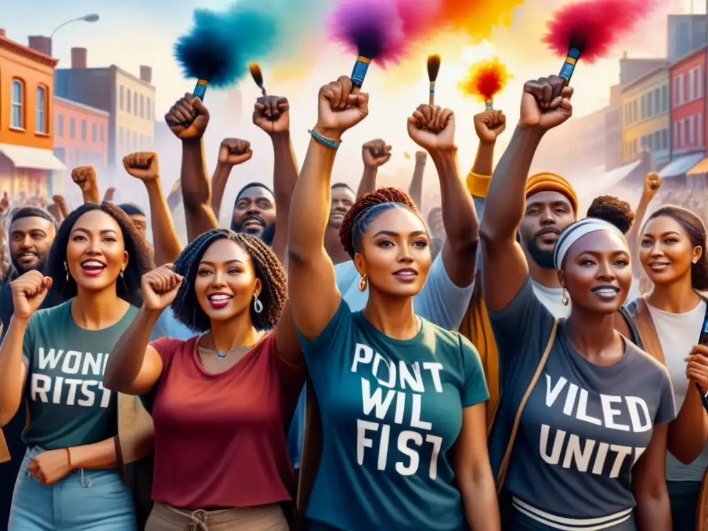 Unidos en resistencia: mural de empoderamiento y diversidad Un retrato acuarela detalla diversidad personas unidas con herramientas arte, mural colores vibrantes