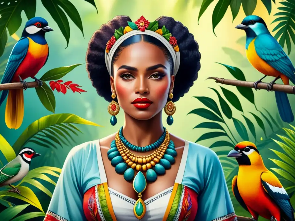 Retrato acuarela de una mujer AfroLatina con vestimenta tradicional, rodeada de naturaleza exuberante y aves coloridas