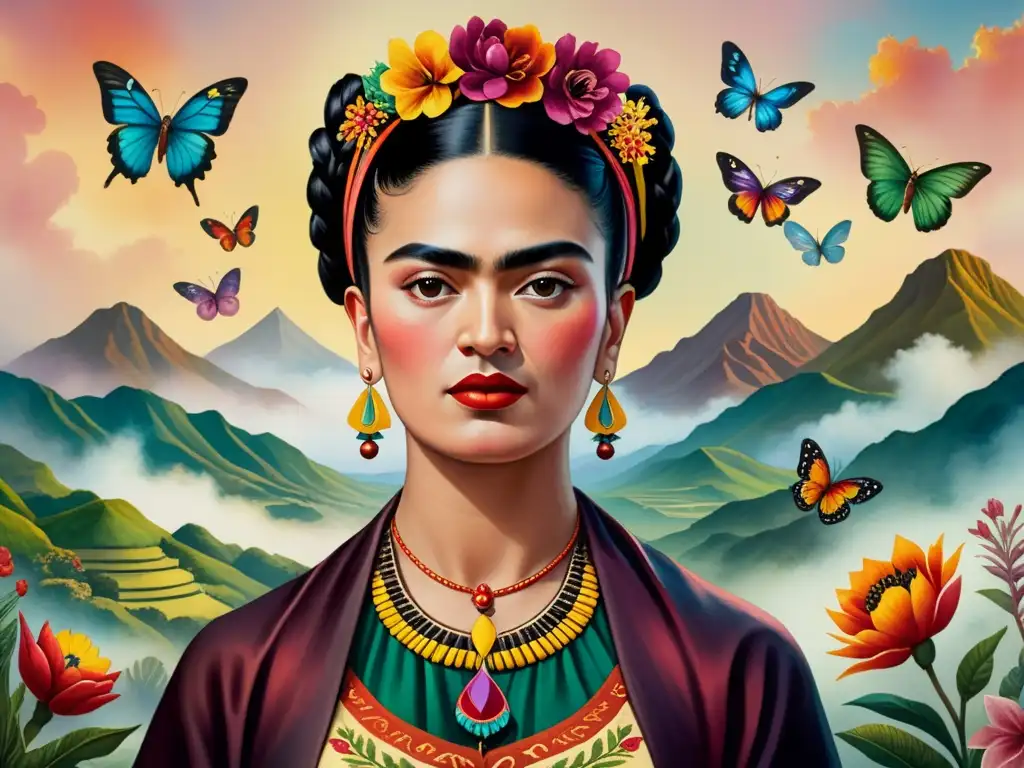 Retrato de Frida Kahlo con corona floral vibrante y paisaje etéreo