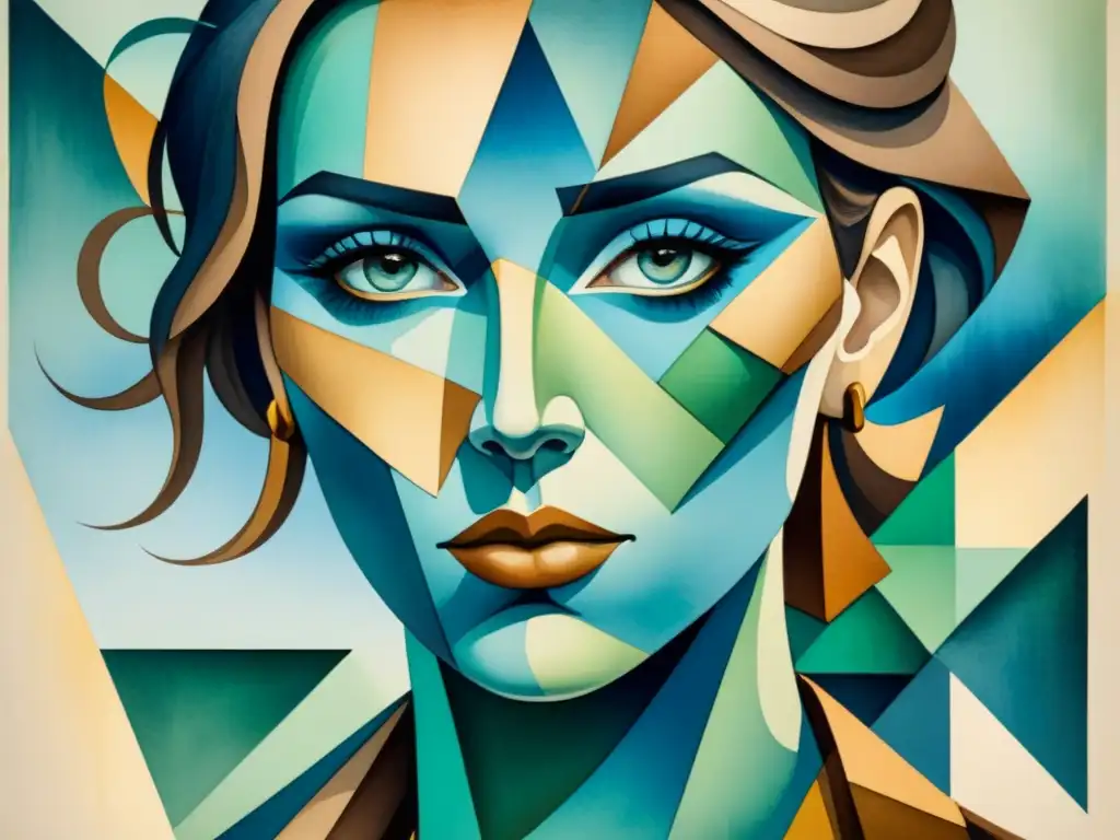 Retrato cubista de mujer con líneas angulares y formas geométricas en tonos azules, verdes y marrones