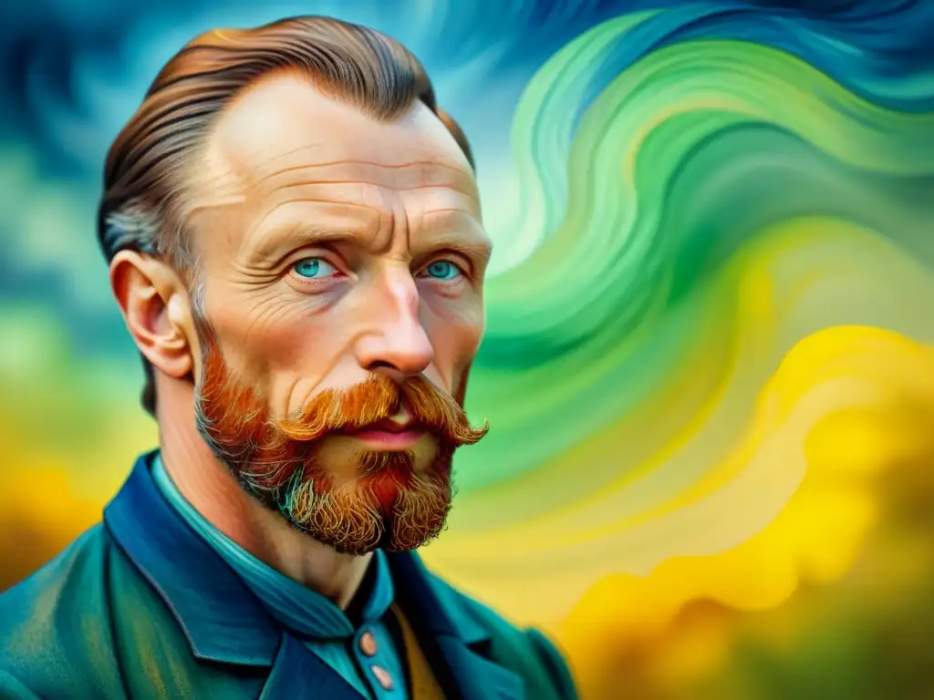 Retrato detallado en acuarela de Vincent Van Gogh, con colores vibrantes y pinceladas intrincadas que capturan la emoción humana en sus obras icónicas