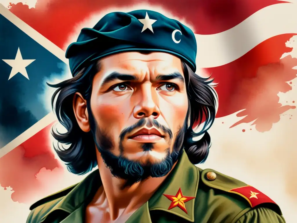 Retrato detallado en acuarela de Che Guevara, con colores vibrantes y pinceladas intrincadas