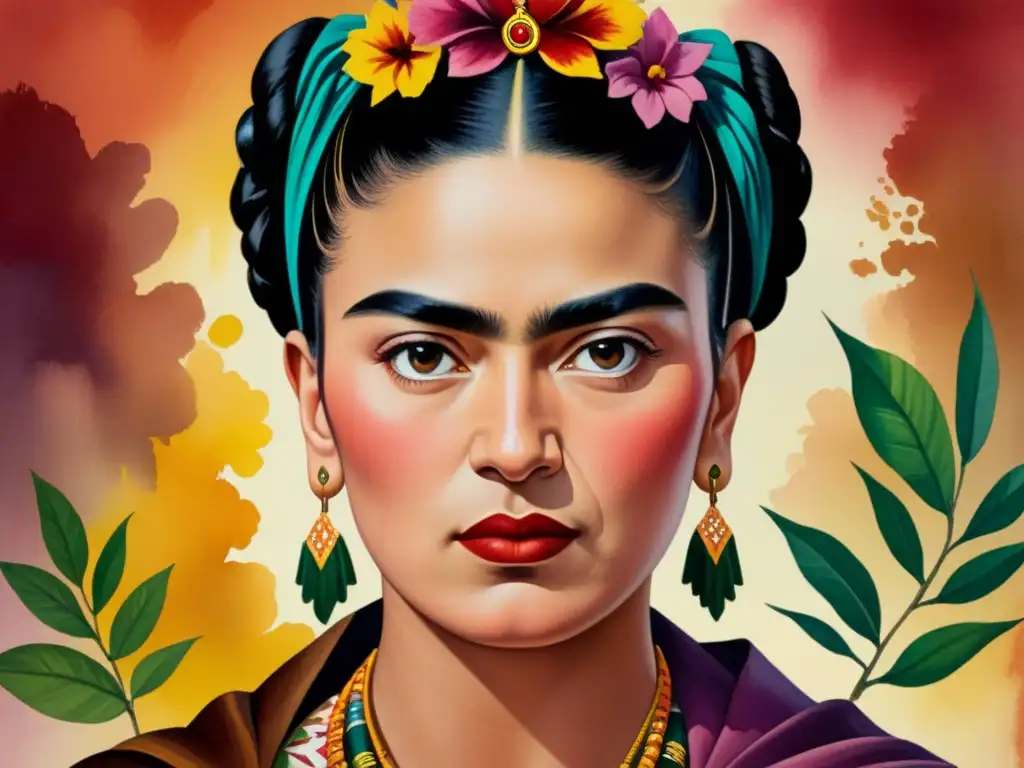 Retrato detallado en acuarela de Frida Kahlo, con colores vibrantes y técnicas intrincadas, capturando su esencia única y poderosa