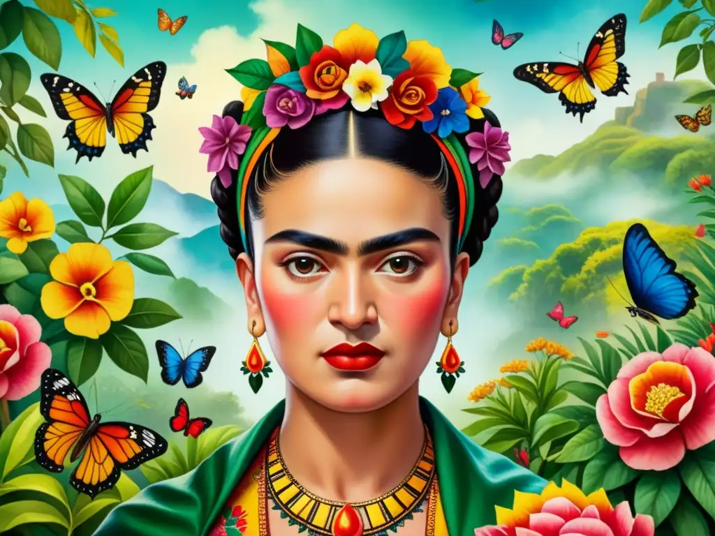 Retrato detallado en acuarela de Frida Kahlo, con detalles vibrantes de su icónico entrecejo, corona de flores y atuendo mexicano