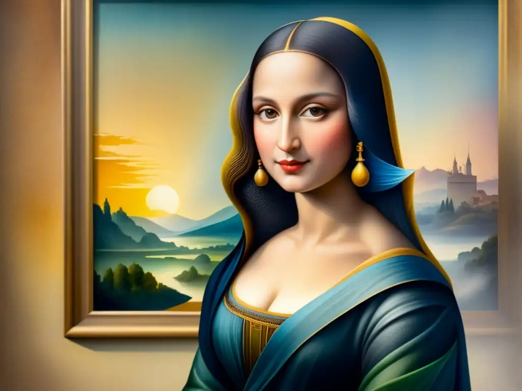 Retrato detallado en acuarela de la 'Mona Lisa' de Leonardo da Vinci, destacando la técnica sfumato del maestro