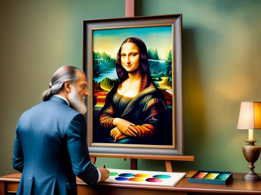 Un retrato detallado en acuarela de Leonardo da Vinci pintando la Mona Lisa, con pinceladas intrincadas que capturan su intensidad y enfoque