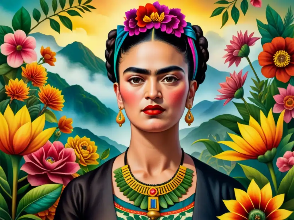 Retrato detallado en acuarela de Frida Kahlo rodeada de flores vibrantes y elementos simbólicos que representan sus emociones