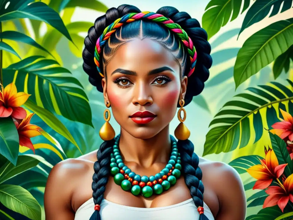 Retrato detallado en acuarela de una vibrante mujer AfroLatina con trenzas adornadas y vestimenta tradicional, rodeada de exuberante follaje tropical