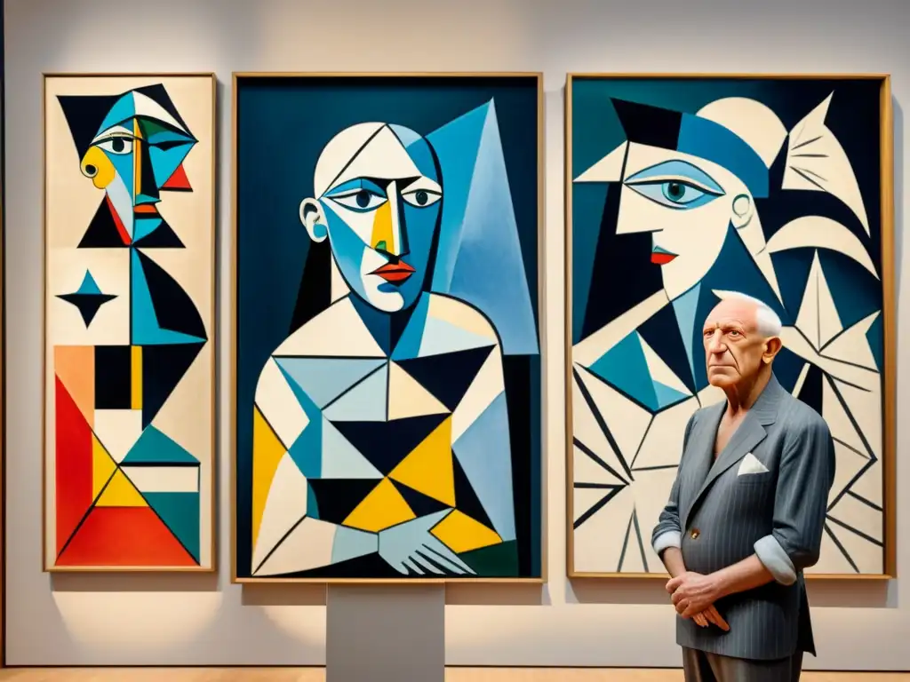 Retrato detallado de Picasso frente a Guernica, reflejando su arte revolucionario