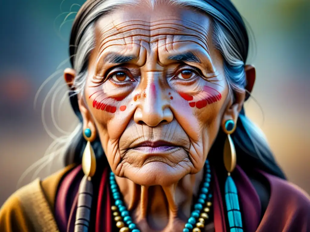 Retrato documental de anciana nativa americana con joyas tradicionales y chal colorido, en fotografia contemporánea