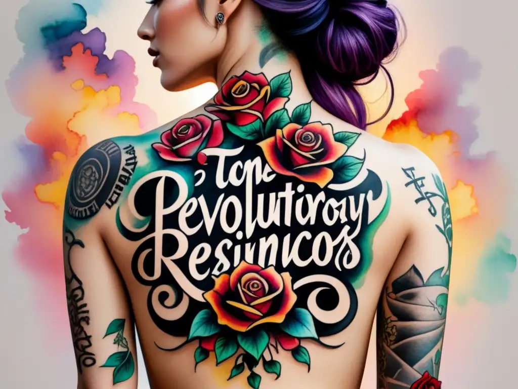 Un retrato de espalda en acuarela con tatuajes con mensaje expresiones revolucionarias, simbolizando resistencia y fuerza